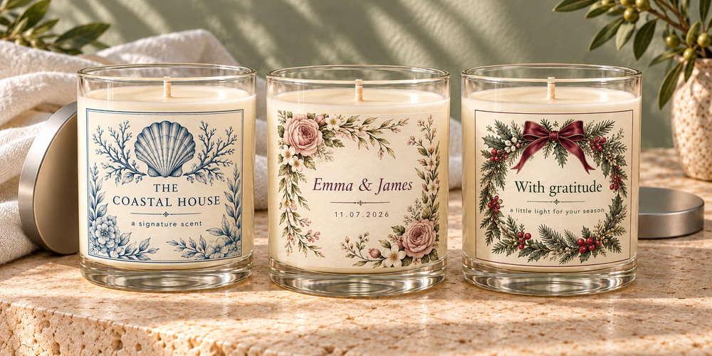 Custom soy candles with an illustrated coastal business label, floral wedding label, and holiday thank-you label