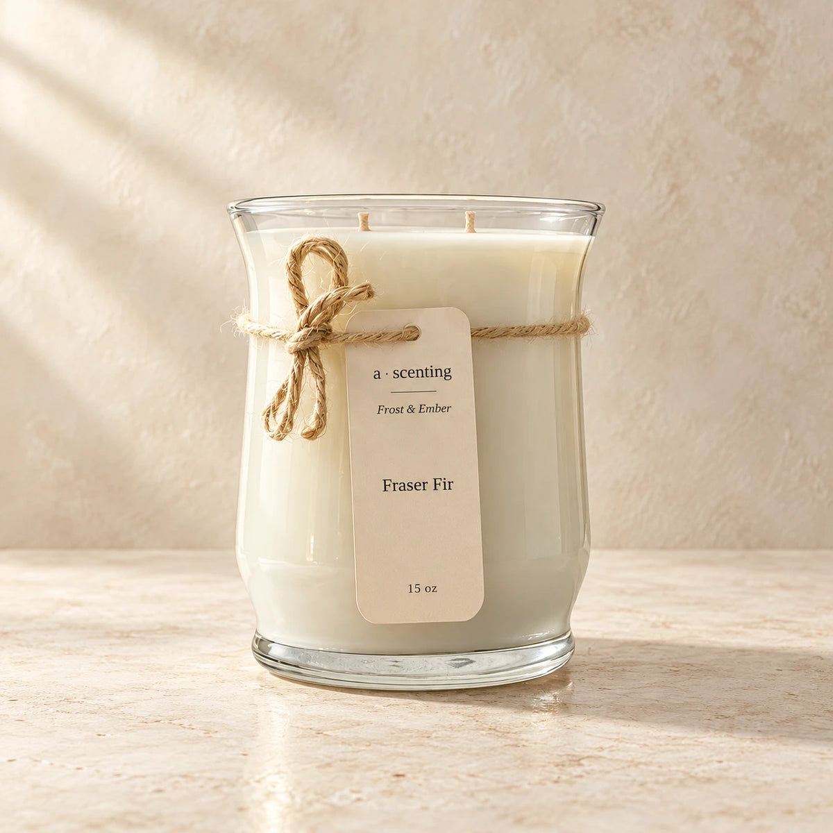 Fraser Fir 15 oz Frost & Ember candle with cream hangtag, photographed on warm ivory stone.