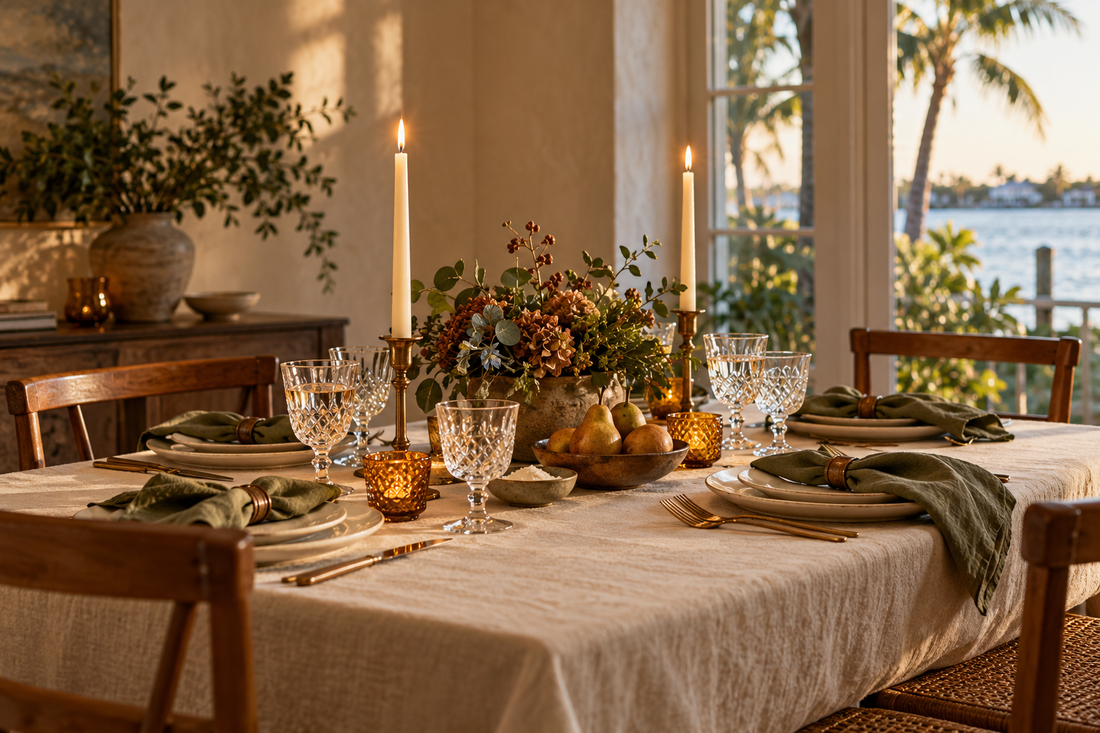 A fall table with vintage cut-crystal glasses, olive linen napkins, ivory plates and candlelight in a coastal home.