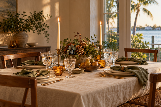 A fall table with vintage cut-crystal glasses, olive linen napkins, ivory plates and candlelight in a coastal home.