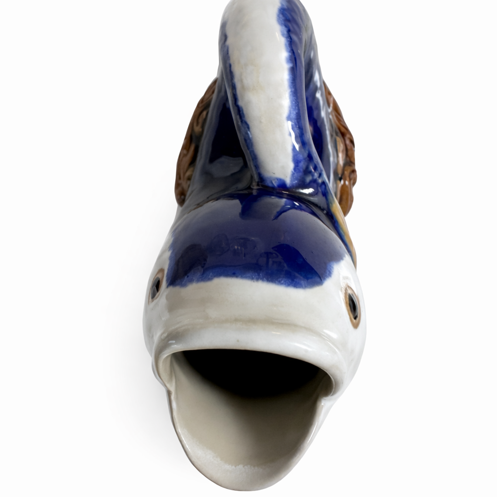 Vintage European Art Pottery Fish Pitcher | Hand-Painted Cobalt & Cream Ceramic | Coiled Dolphin Form on Wave Base | Signed