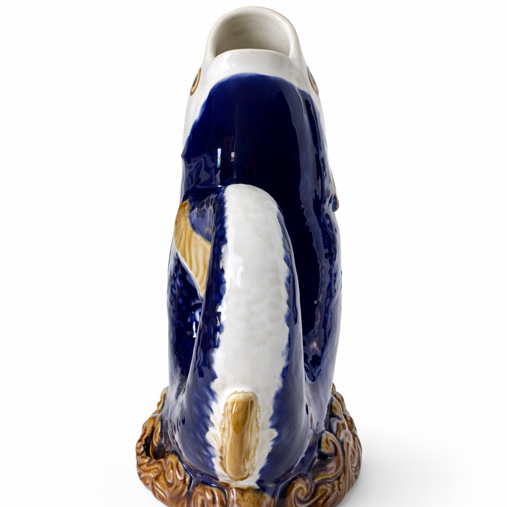 Vintage European Art Pottery Fish Pitcher | Hand-Painted Cobalt & Cream Ceramic | Coiled Dolphin Form on Wave Base | Signed