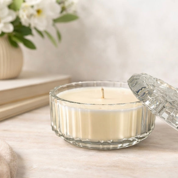 Petal hand poured soy candle in Lidded Cut Glass