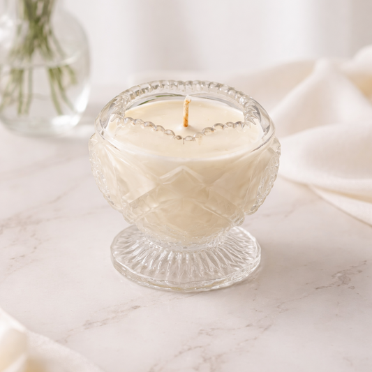 Veil hand poured soy candle in Antique Brilliant Cut Glass Footed Rose Bowl