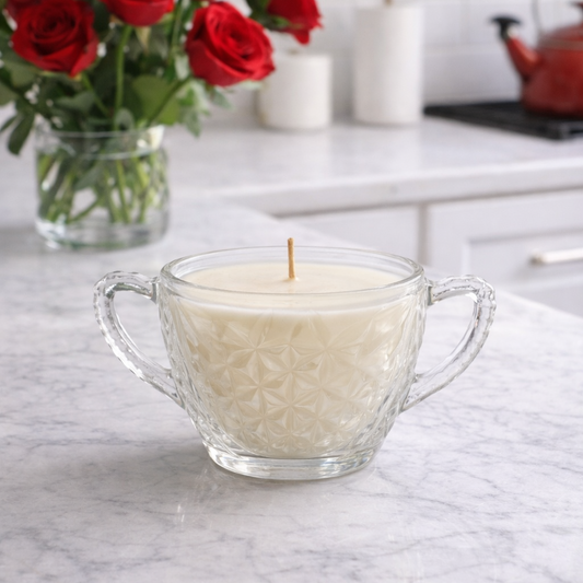 Veil hand poured soy candle in Mid-Century Star of David Pressed Glass Sugar Bowl