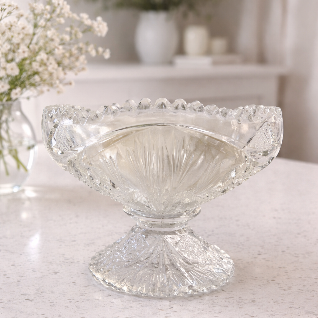 Petal hand poured soy candle in vintage Pressed Glass Compote