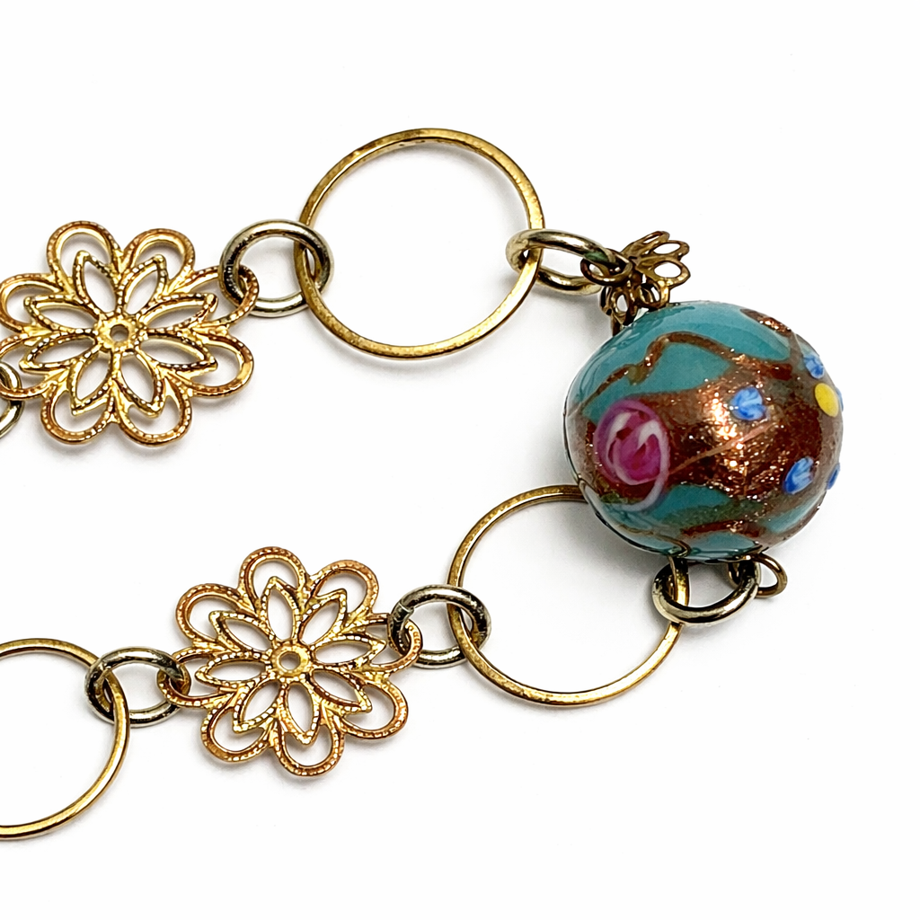 Vintage Venetian Fiorato “Wedding Cake” Bead Necklace | Murano Glass, Gold Filigree Flower Spacers | Mid-Century