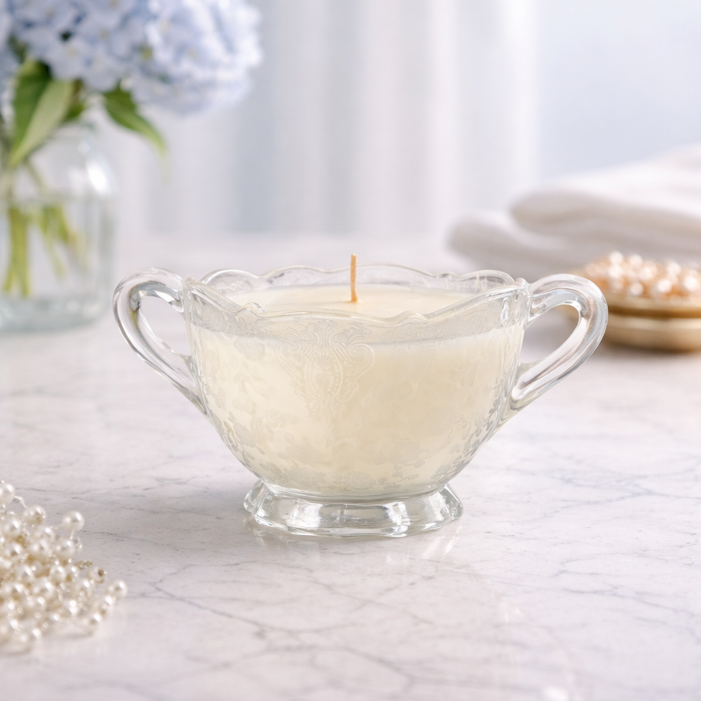 Veil hand poured soy candle in Cambridge Etched Crystal Sugar Bowl