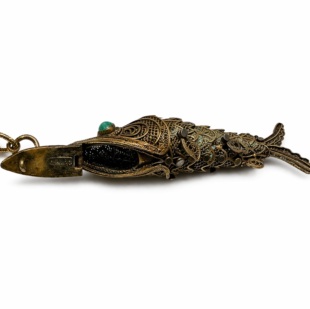 Chinese Export Articulated Koi Fish Pendant | Gilt Silver Filigree, Turquoise Cabochon Eyes | Mid-Century