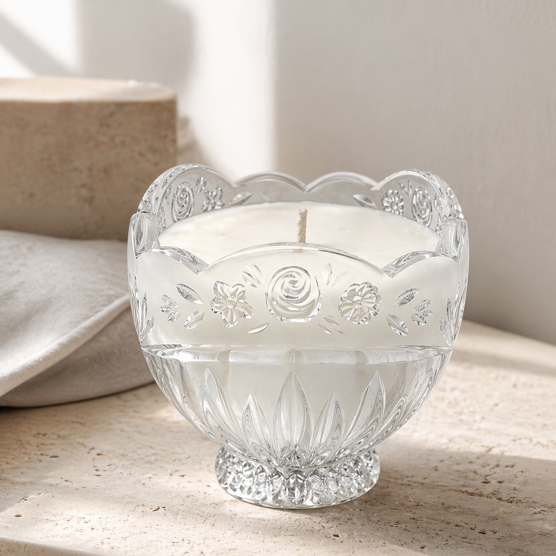 Petal hand poured soy candle in Vintage Frosted Rose Crystal Footed Bowl
