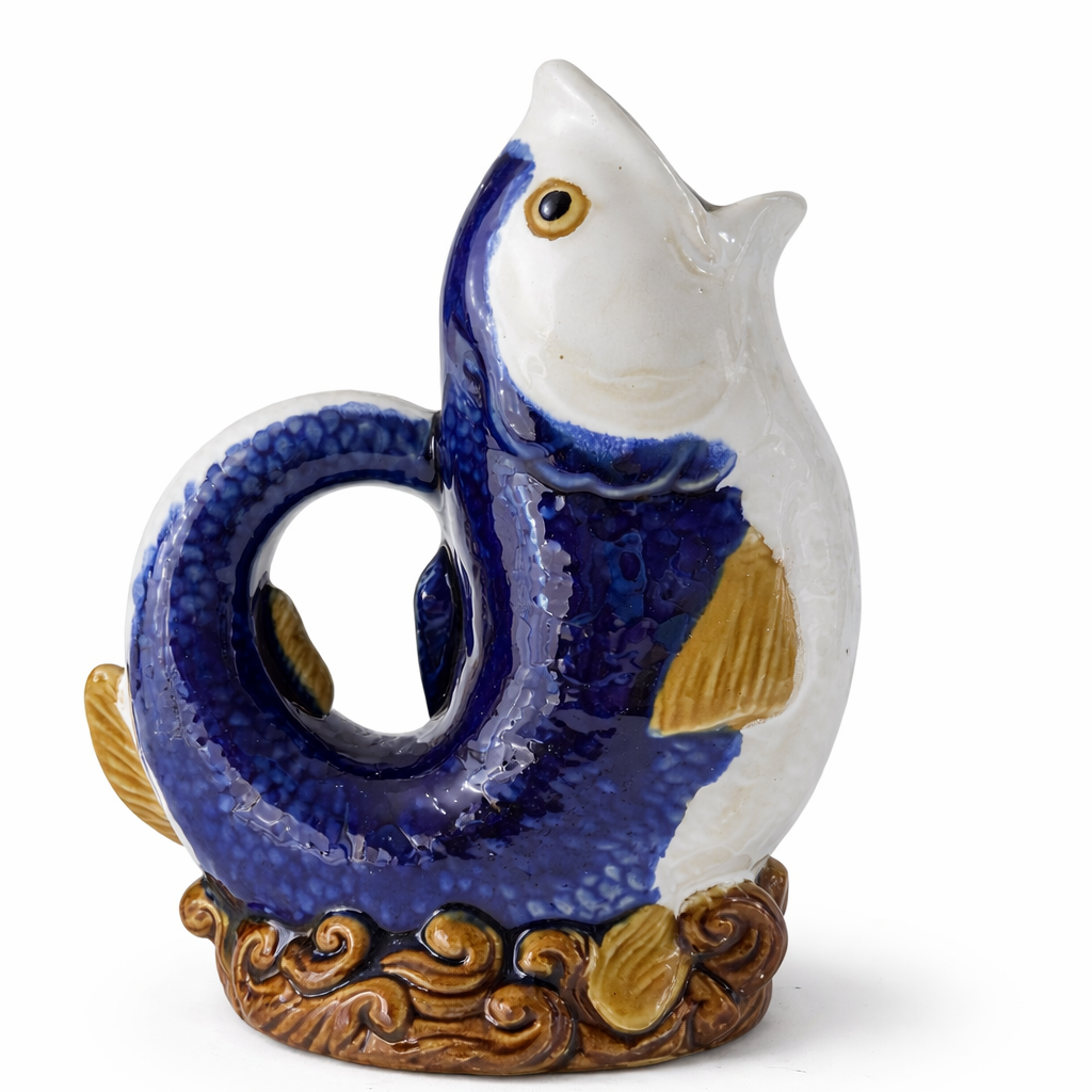 Vintage European Art Pottery Fish Pitcher | Hand-Painted Cobalt & Cream Ceramic | Coiled Dolphin Form on Wave Base | Signed