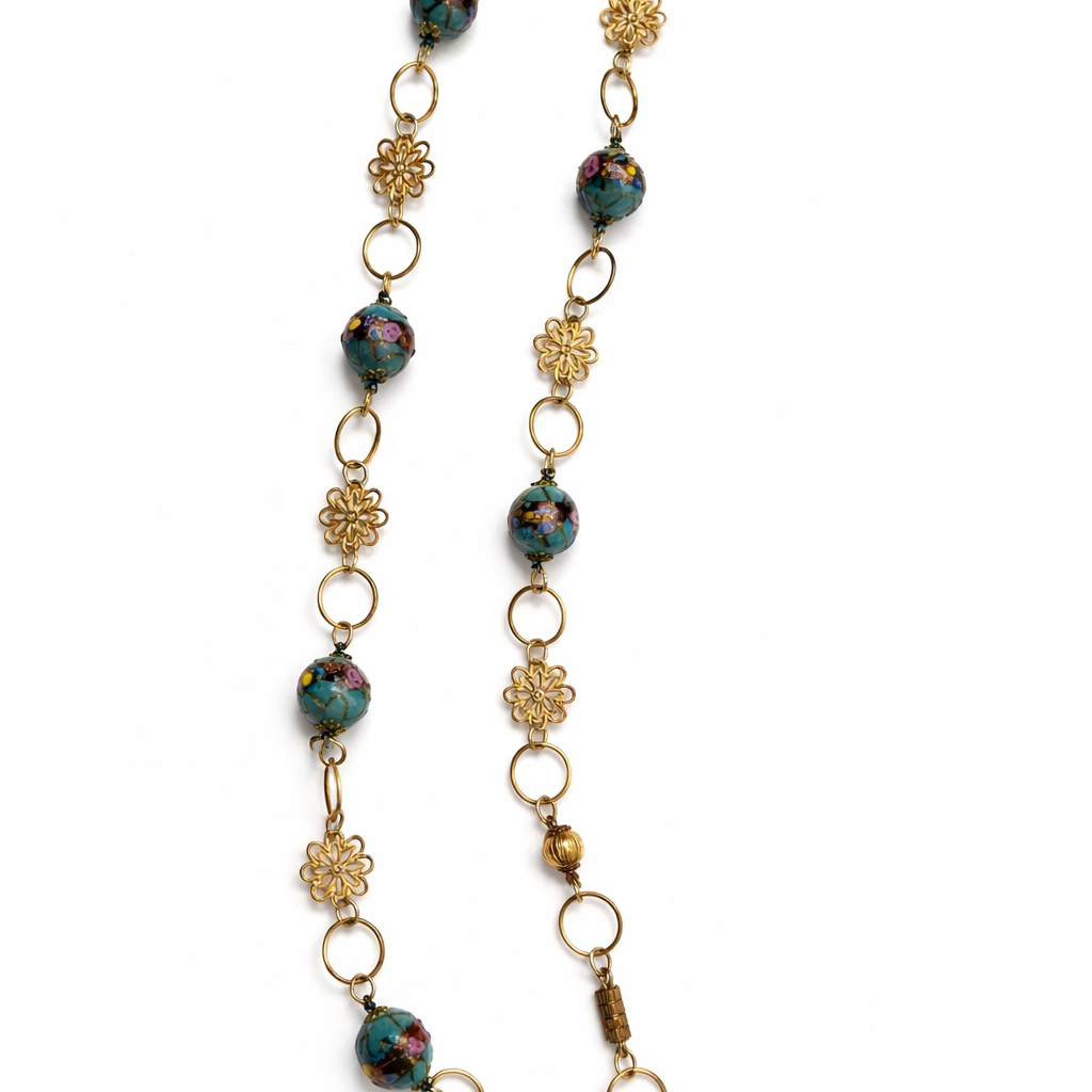 Vintage Venetian Fiorato “Wedding Cake” Bead Necklace | Murano Glass, Gold Filigree Flower Spacers | Mid-Century
