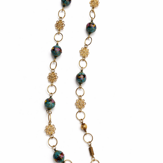 Vintage Venetian Fiorato “Wedding Cake” Bead Necklace | Murano Glass, Gold Filigree Flower Spacers | Mid-Century