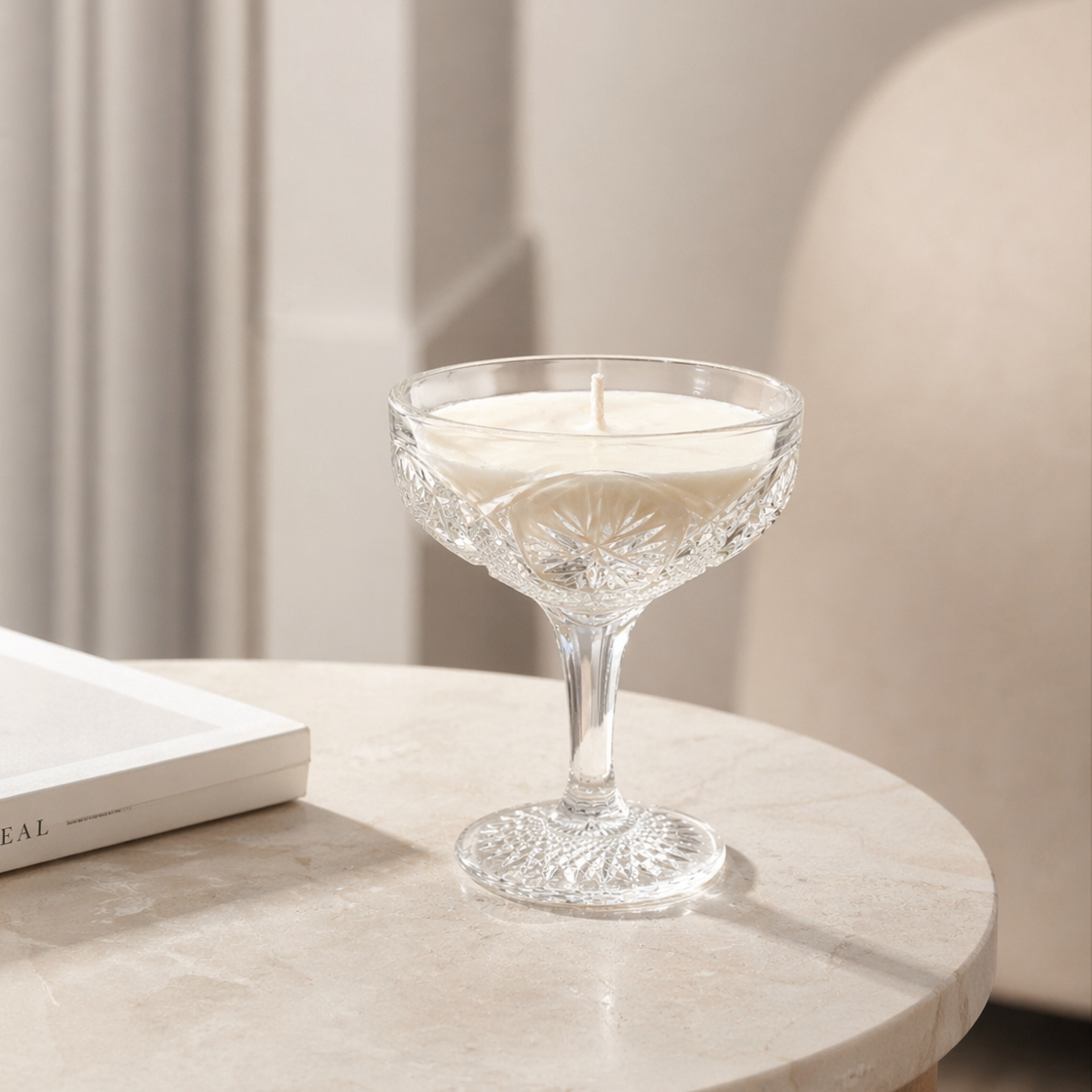 Petal hand poured soy candle in Vintage Cut Crystal Champagne Coupe