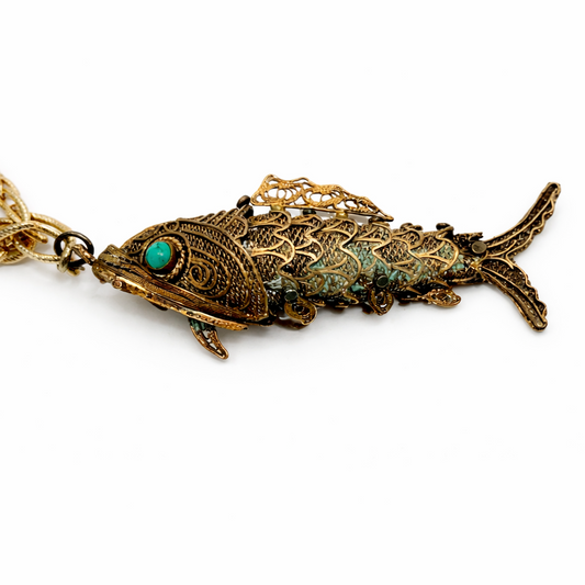 Chinese Export Articulated Koi Fish Pendant | Gilt Silver Filigree, Turquoise Cabochon Eyes | Mid-Century