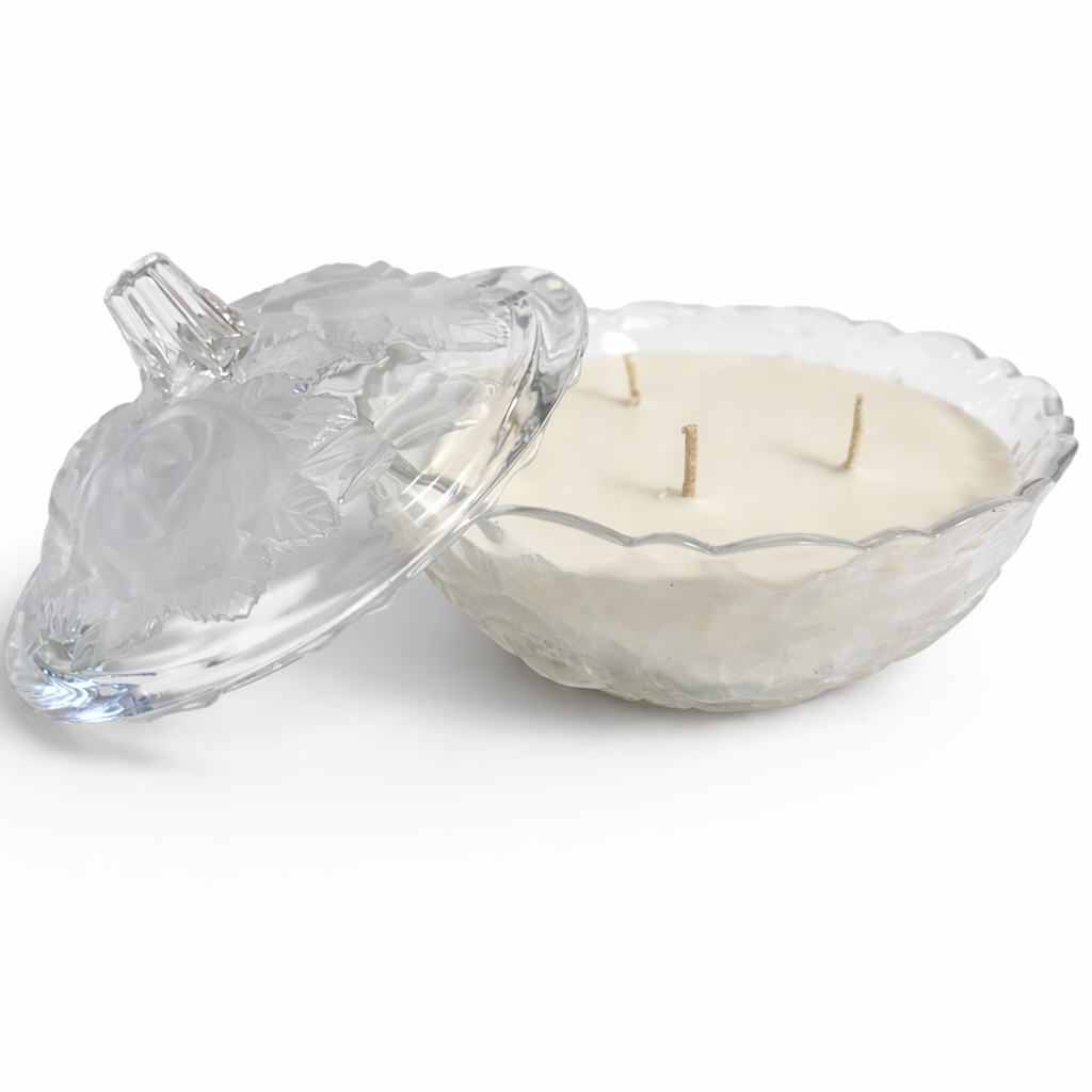 Petal hand poured soy candle in Frosted Rose Lidded Dish