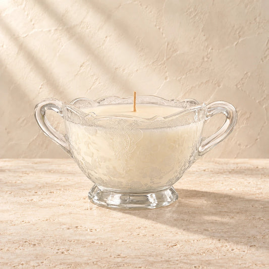 Veil | Cambridge Etched Crystal Sugar Bowl candle styled on a warm ivory background