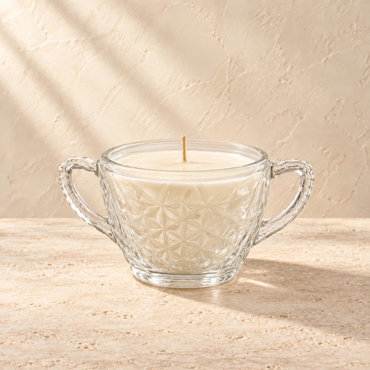 Veil | Mid-Century Star of David Pressed Glass Sugar Bowl candle styled on a warm ivory background
