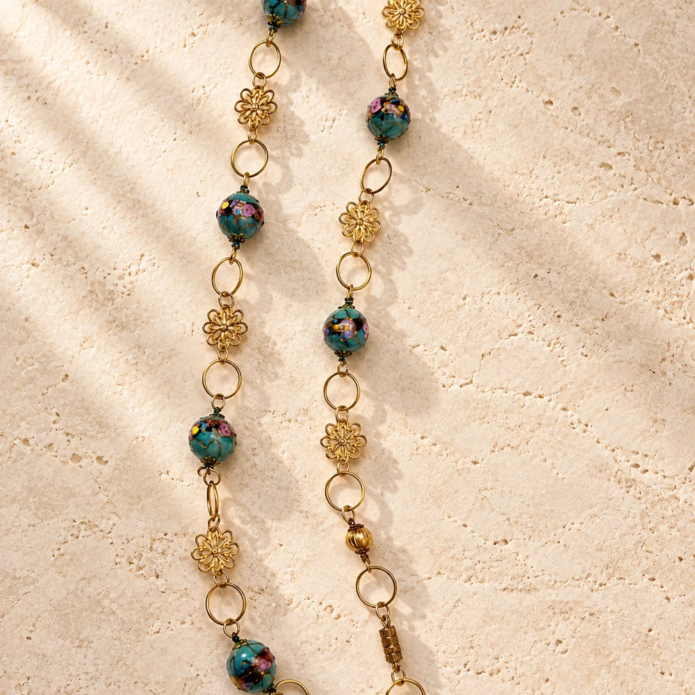 Vintage Venetian Fiorato “Wedding Cake” Bead Necklace | Murano Glass, Gold Filigree Flower Spacers | Mid-Century styled on a warm ivory background