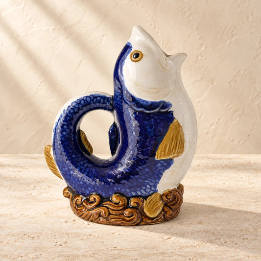 Vintage European Art Pottery Fish Pitcher | Hand-Painted Cobalt & Cream Ceramic | Coiled Dolphin Form on Wave Base | Signed styled on a warm ivory background
