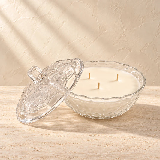 Petal | Frosted Rose Lidded Dish candle styled on a warm ivory background