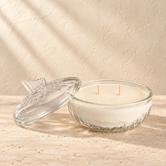 Nocturne | Crystal Swirl Lidded Dish candle styled on a warm ivory background