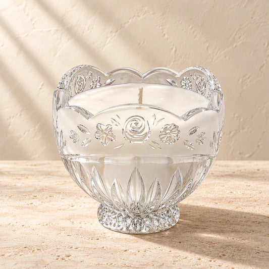 Petal | Vintage Frosted Rose Crystal Footed Bowl candle styled on a warm ivory background