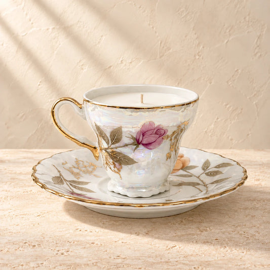 Petal | Vintage Japanese Lusterware Demitasse candle styled on a warm ivory background