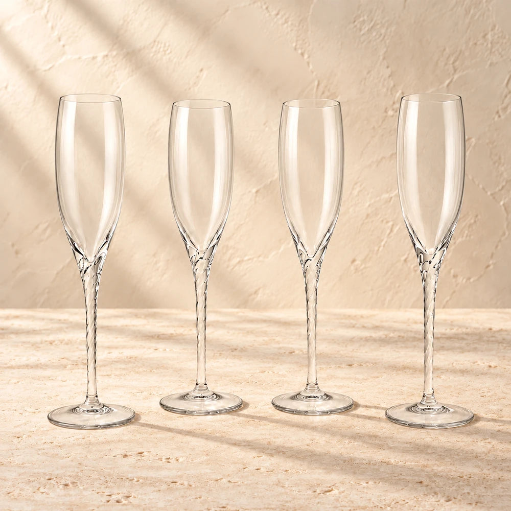 Vintage Lenox Aria Crystal Champagne Flutes Set of 4 Twisted Stem styled on a warm ivory background