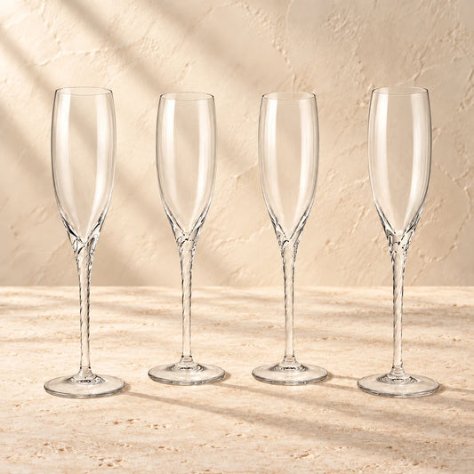 Vintage Lenox Aria Crystal Champagne Flutes Set of 4 Twisted Stem styled on a warm ivory background