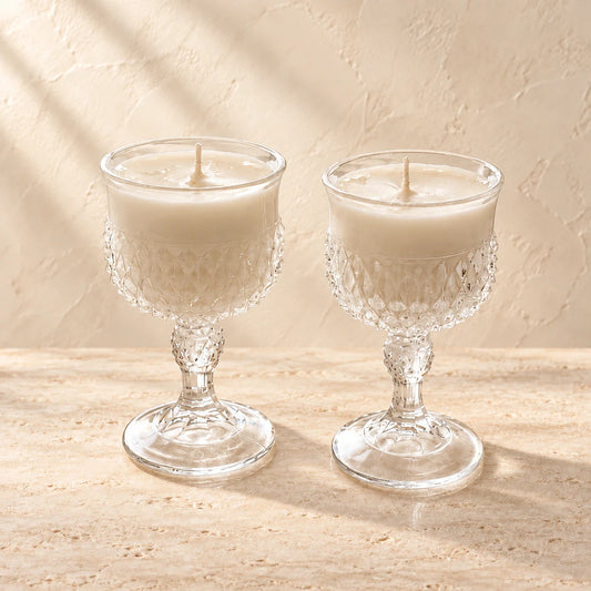 Nocturne | Vintage Diamond-Point Goblet Pair candle styled on a warm ivory background