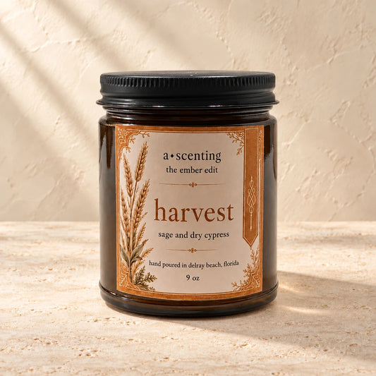 Harvest | Sage & Dry Cypress candle styled on a warm ivory background
