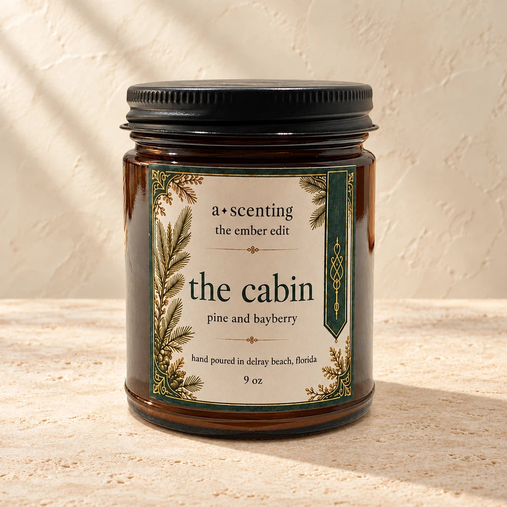 The Cabin | Pine & Bayberry candle styled on a warm ivory background