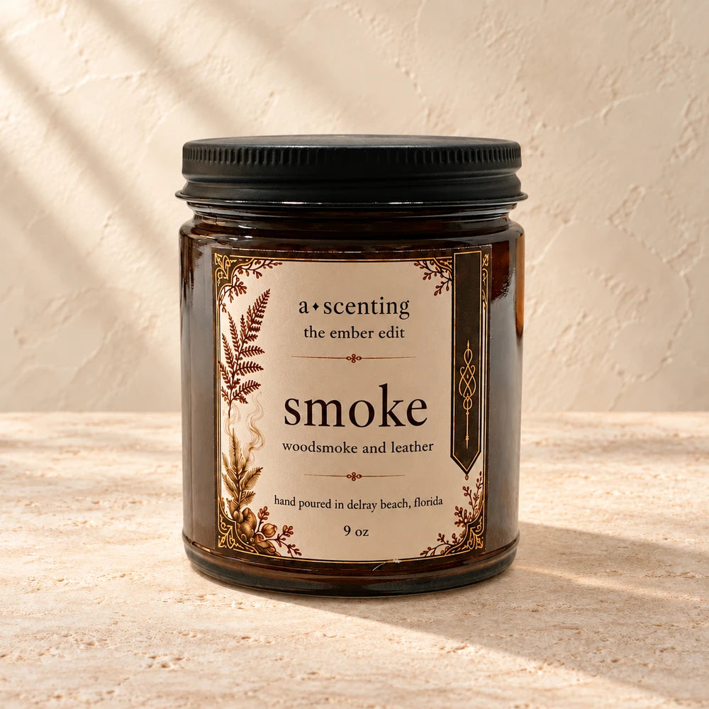 Smoke | Wood smoke & Leather candle styled on a warm ivory background