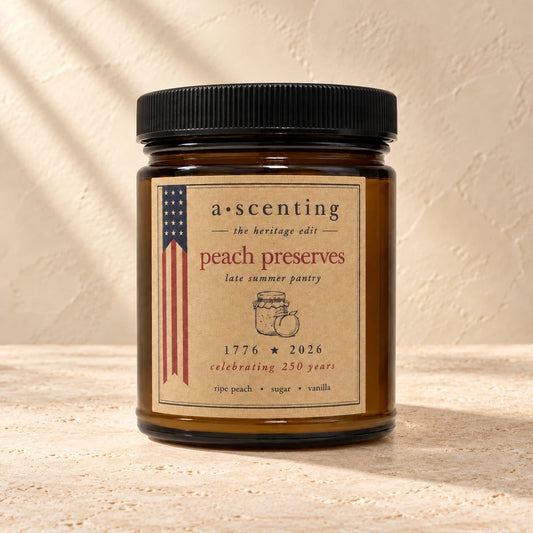 Peach Preserves | Ripe Peach, Sugar & Vanilla candle styled on a warm ivory background