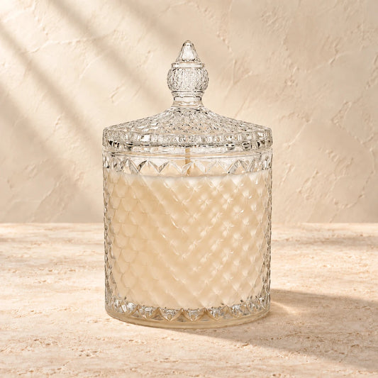 Roma Jar candle styled on a warm ivory background