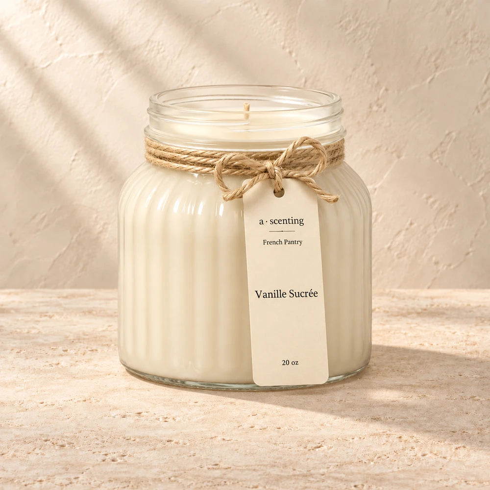 Vanilla Sucree candle styled on a warm ivory background
