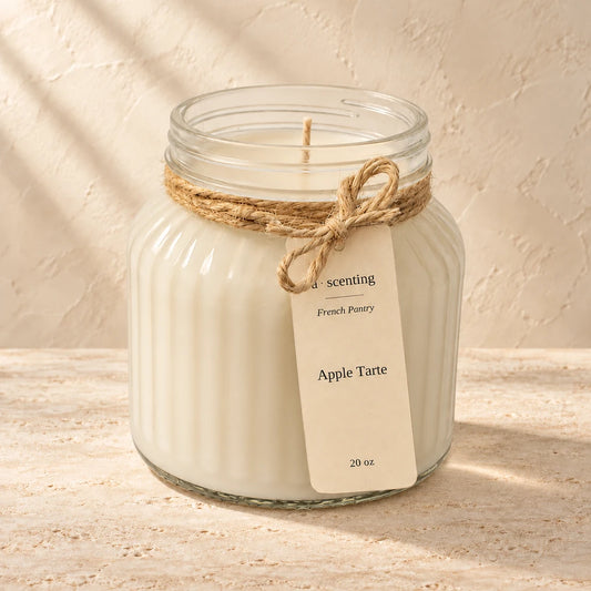 Apple Tarte candle styled on a warm ivory background