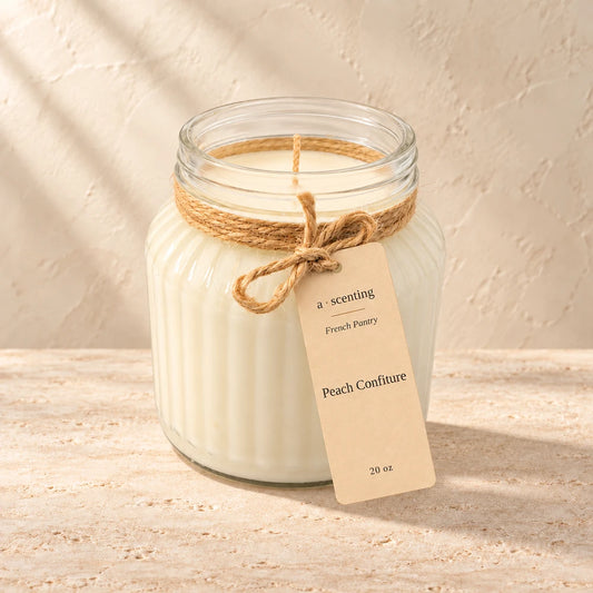 Peach Confiture candle styled on a warm ivory background