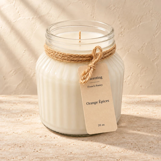 Orange Epices candle styled on a warm ivory background