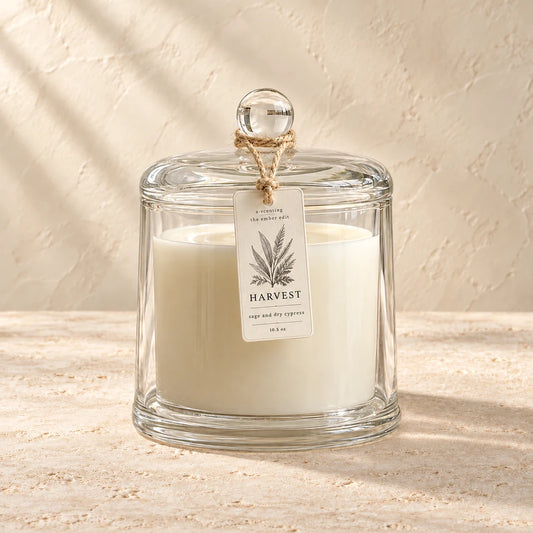 Harvest | Sage & Dry Cypress | Ember Cloche candle styled on a warm ivory background