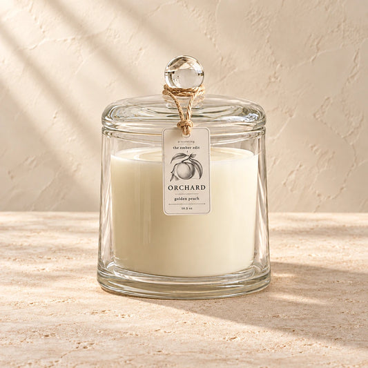 Orchard | Golden Peach | Ember Cloche candle styled on a warm ivory background