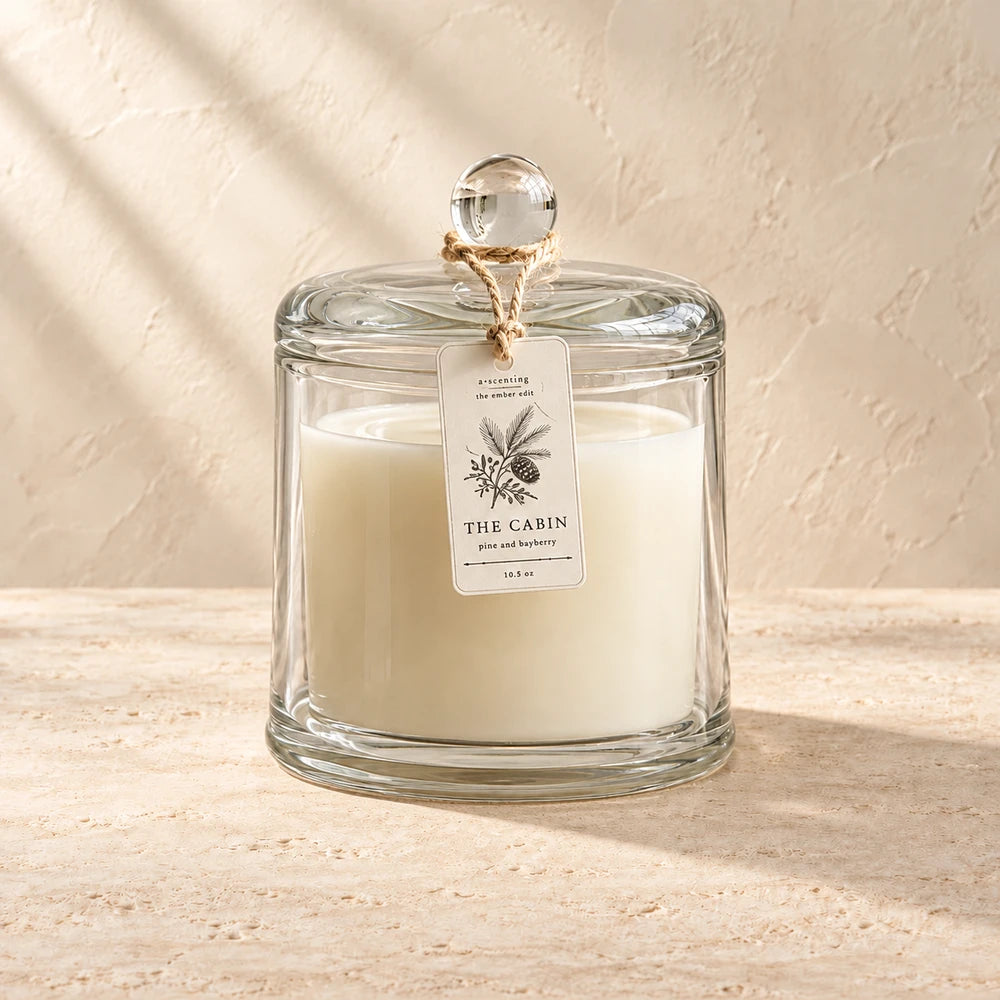 The Cabin | Pine & Bayberry | Ember Cloche candle styled on a warm ivory background