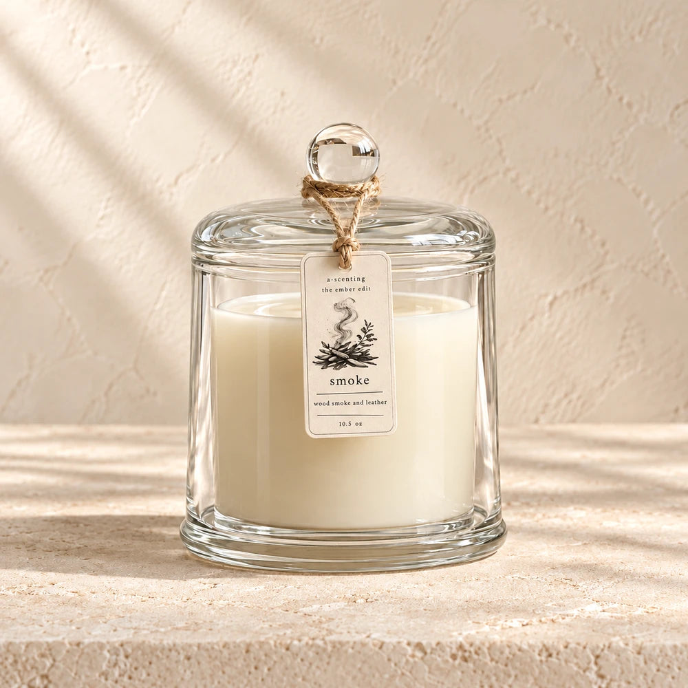 Smoke | Wood Smoke & Leather | Ember Cloche candle styled on a warm ivory background