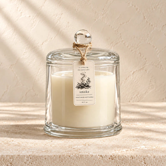 Smoke | Wood Smoke & Leather | Ember Cloche candle styled on a warm ivory background