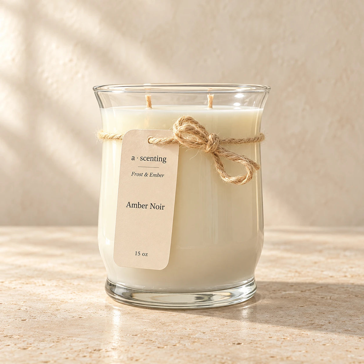 Amber Noir 15 oz Frost & Ember candle with cream hangtag, photographed on warm ivory stone.