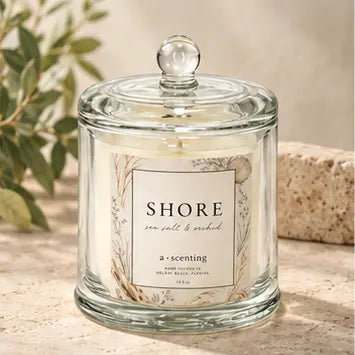 Shore candle beneath a round knobbed clear glass cloche