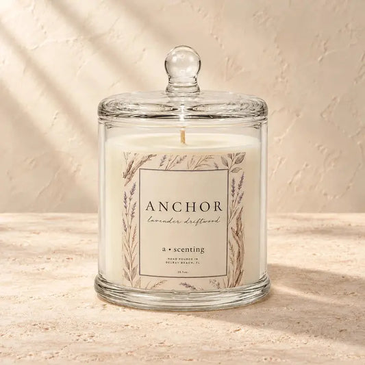 Anchor Conservatory soy candle in a glass cloche with its original botanical label