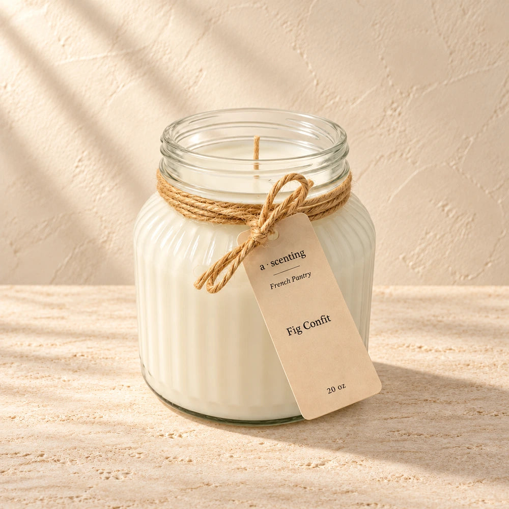Fig Confit candle styled on a warm ivory background