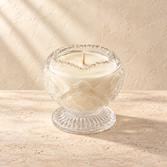 Veil | Antique Brilliant Cut Glass Footed Rose Bowl candle styled on a warm ivory background
